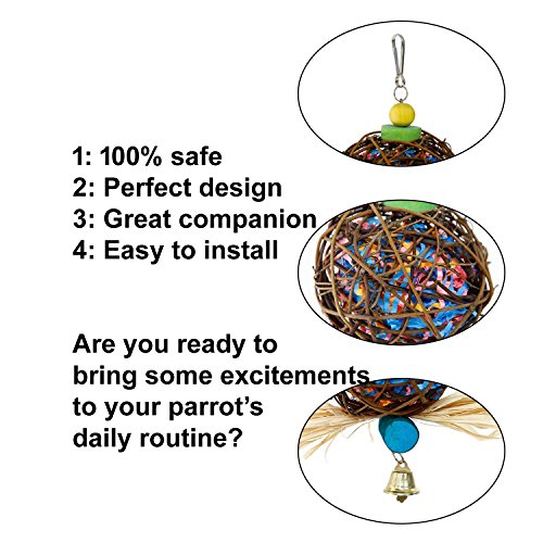 QIBOX Parrot Chewing Toy for Small Medium Birds, Natural Hand-Made Chewing Hanging Toy, Rattan Ball Cage Toy Preening Toy for Bird Parrot African Budgie Macaw Parakeet Cockatiel Lovebird Cage Toy