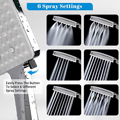 High Pressure Shower Head with Handheld, 6-Setting Square Shower Head, Detachable Shower Head with Adjustable Holder and Stainless hose, Powerful Spray Handheld Shower Heads, 2 Bonus Shower Hooks