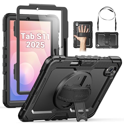 SEYMAC Case for Samsung Galaxy Tab S11 2025 11 Inch SM-X730/SM-X736B, Tablet Case with 360° Rotating Strap and Stand, Pen Holder, Protective Film, Shoulder Strap, Black