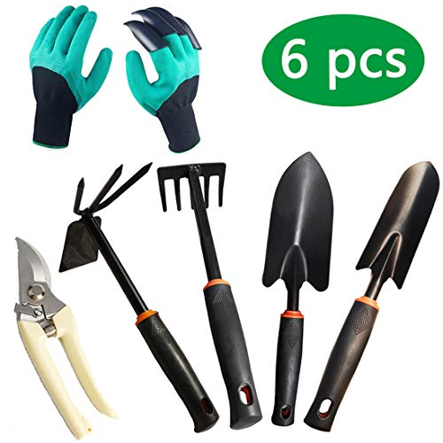 Evealyn Garden Tools Set with Garden Gloves,Soft Rubberized Non-Slip Handle Stainless Steel Gardening Work Transplanter Weeding Scarifying Pruning Digging Outdoor Equipment Kits 6 Piece (Black)