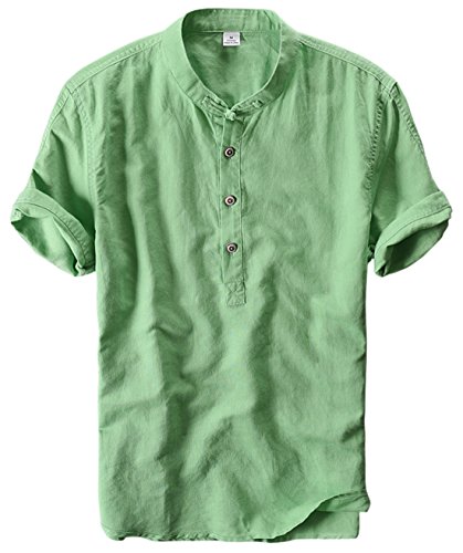 utcoco Men's Retro Chinese Style Short Sleeve Linen Henley Shirts (Small, Green)