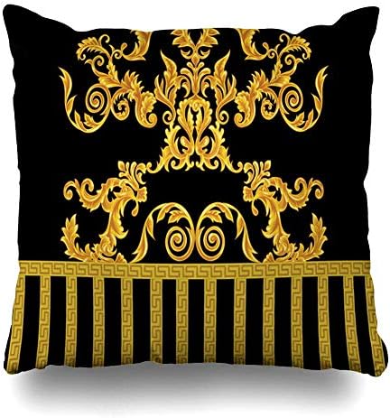kslae Set of 4 Throw Pillow Cover Square 18x18 Inches Black Abstract Baroque Versace Pattern Antique Gold Circle Damask Floral Ornamental Cushion Case Home Decor Pillowcase