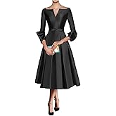CWOAPO Satin Mother of The Bride Dresses Tea Length for Women Long Sleeve Formal Dress A Line Evening Gown for Wedding