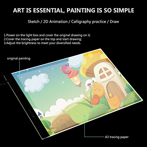 A3 Tracing Light Box, Stepless Brightness Control with Memory Function, Elfeland Portable Ultra-thin Light Panel LED Light Pad Copy Board, USB Power Cable, for Drawing, Sketching, Animation - Thumbnail 3