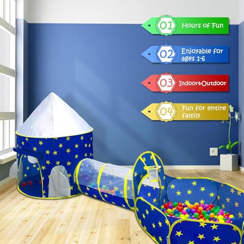 3pcs Kids Play Tent for Boys with Ball Pit, Crawl Tunnel, Princess Tents for Toddlers, Baby Space World Playhouse Toys, Boys Indoor& Outdoor Play House, Perfect Kid’s Gifts.BLUE