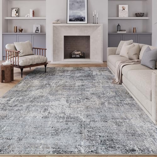 PureCozy Machine Washable Area Rug 10x14 Grey Large Living Room Indoor Accent Rug Neutral Modern Abstract Low Pile Carpet Non Slip Distressed Throw Rug Bedroom Office Dining Room