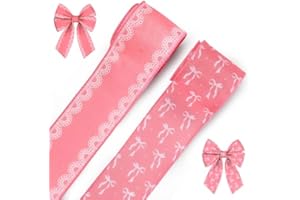 2 Rolls Spring Flowers Ribbons for Wreath Bows, 2.5"×10 Yards Wired Edge Ribbons Pink Bowknot Burlap Craft Ribbon for Craftin