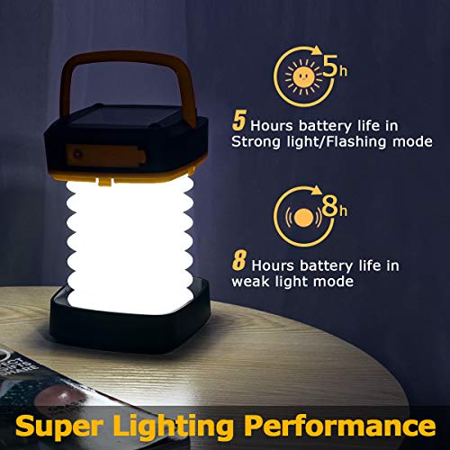 Quntis LED Camping Lantern Light - Rechargeable Led Camping Light - Portable Flashlight Solar Mini Torch Night Light for Outdoor Hiking Tent Garden Patio Emergencies - Collapsible and Waterproof