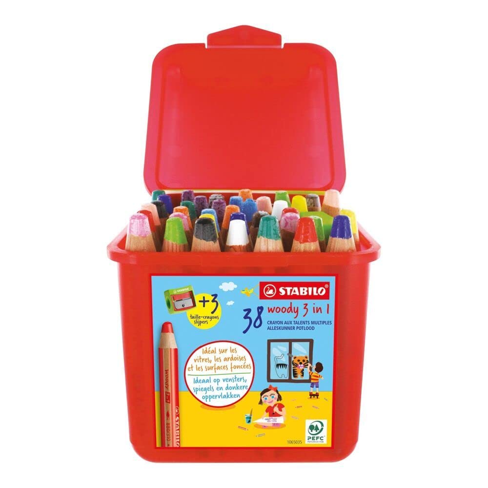 Multi-Talented Pencil - STABILO Woody 3 in 1 - Pack of 38 - Assorted Colours with 3 x sharpeners