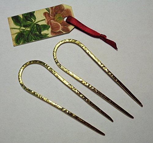 Set of 2 Golden Brass Hair Pins 4” long - U-shape Hammered Hair Forks - Combs Barrette Hair Accessory