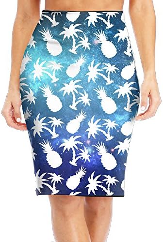 Women High Waist Stretchy Galaxy Pineapple Coconut Trees Slim Fit Midi Pencil Skirt