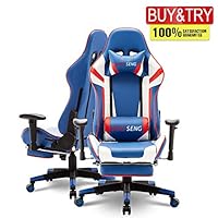 MOOSENG Video Gaming Chair Racing Office-PU Leather High Back Ergonomic 180 Degree Adjustable Swivel Executive Computer Desk Task Large Size, Headrest and Lumbar Support05, Blue/White(footrest)