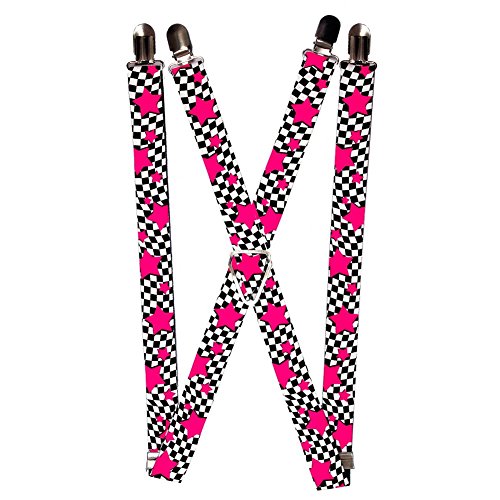 Black and White Checkered Flag Plaid Checkers Pink Stars Suspenders