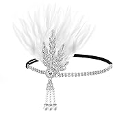YEMYIQZ 1920s Flapper Headpiece Roaring 20s Feather Headband Great Chain Hair Accessories Vintage Wedding Leaf Pearl