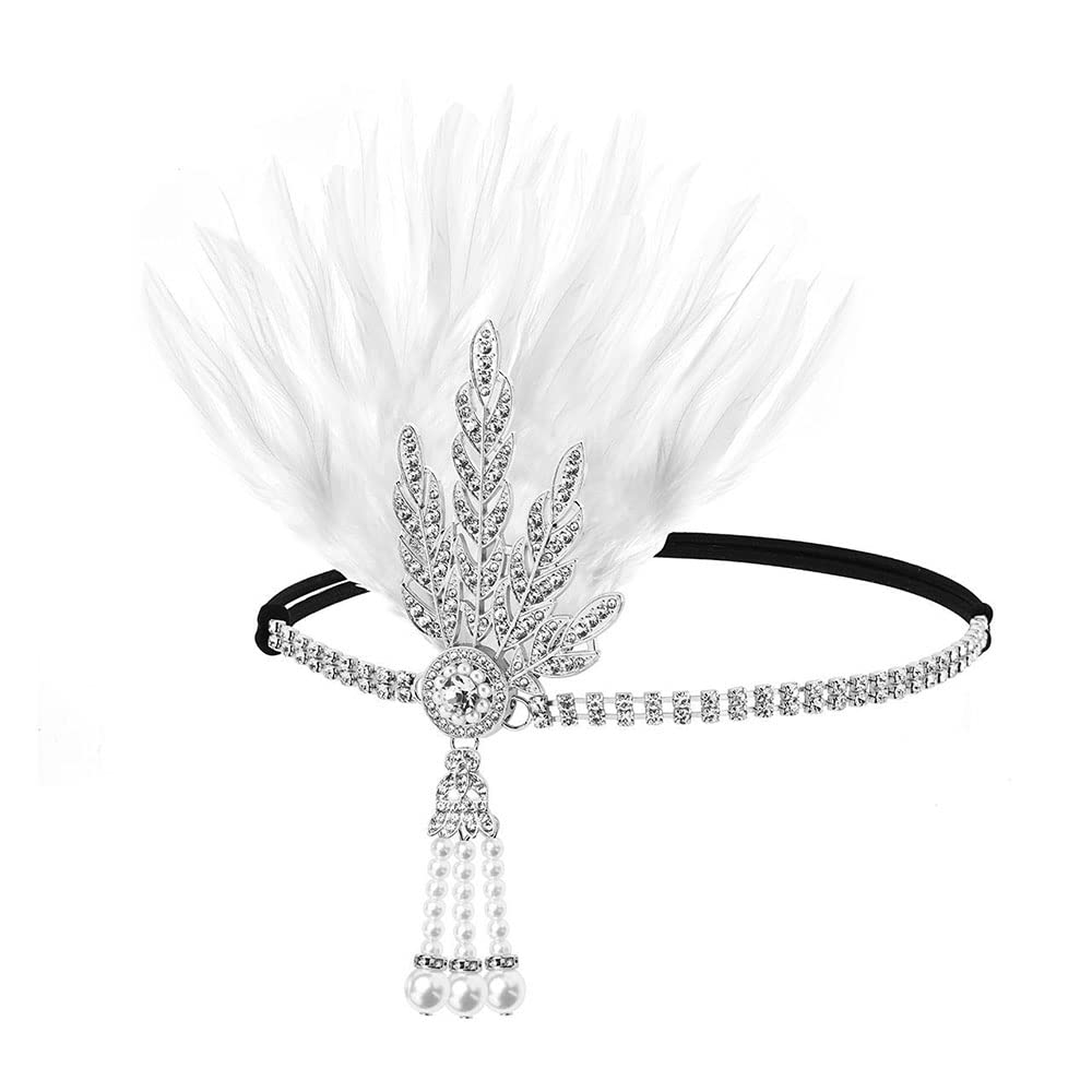 Photo 1 of YEMYIQZ 1920s Flapper Headpiece Roaring 20s Feather Headband Great Chain Hair Accessories Vintage Wedding Leaf Pearl (White Silver)