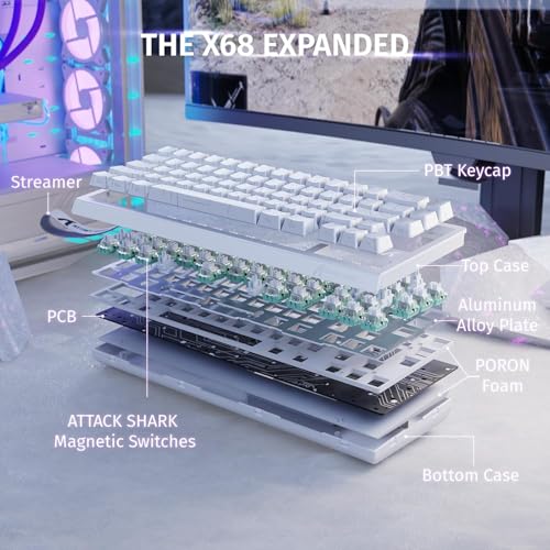 ATTACK SHARK X68 HE Teclado mecânico para jogos de gatilho rápido 60% com fio e atuação ajustável,interruptor magnético de efeito Hall,taxa de pesquisa de 8 KHz,retroiluminação RGB(Contorno Branco)