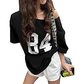 Pinclodly Off The Shoulder Tops for Women Short Sleeve Y2K Jersey Number Graphic Oversized Tshirts E-Girl Tees