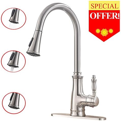 VESLA HOME Single Lever Handle Lead-Free Stainless Steel Pull Down Sprayer Kitchen Sink Faucet,Brushed Nickel Kitchen Faucets With Deck Plate