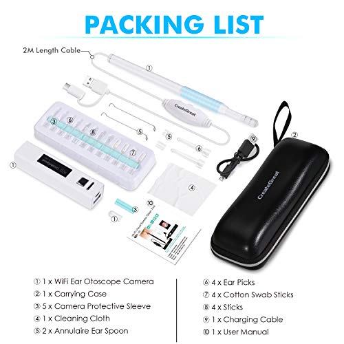 Ear Cleaning Endoscope,WiFi 3 in 1 Borescope Inspection Ear Wax Remover Tool 1.3Megapixels HD Waterproof Camera with 6 Adjustable LED,Compatible for IOS Iphone Ipad Mac OTG Android Micro USB PC(White)