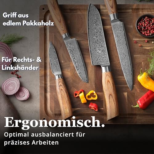Wakoli EDIB Pro 4-Piece Kitchen Knife Set Made of Damascus Steel (VG10 Core) in Elegant Gift Box - Sharp Damascus Knife Set with Pakka Wood Handles - Knife Set with 2 x Santoku, Meat Knife & Office Knives
