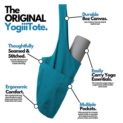Yogiii Yoga Mat Bag | The Original YogiiiTote | Yoga Mat Tote Sling Carrier w/Large Side Pocket & Zipper Pocket | Fits Most Size Mats (Azulene Blue)