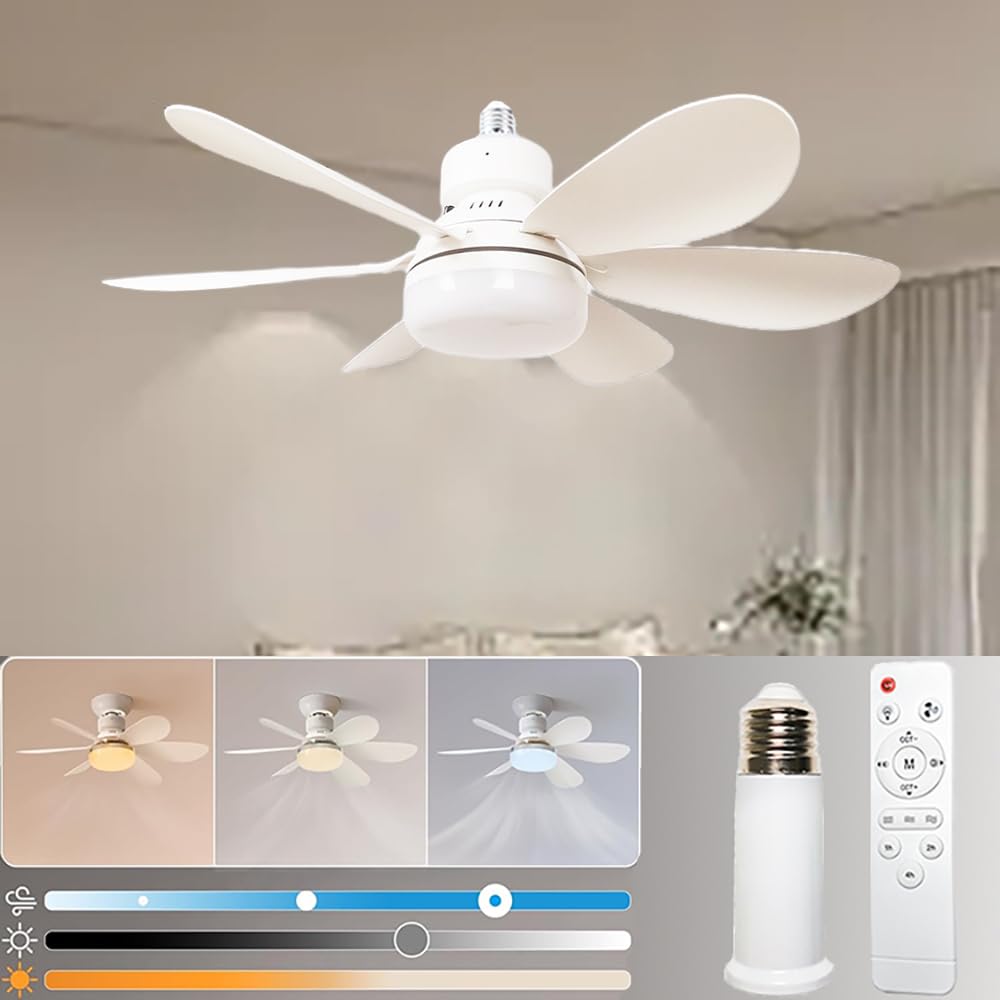 Photo 1 of szoon Socket Ceiling Fans with Lights and Remote E26/E27 Base Socket Fan Light with Led Bulb 1000 Lumens 3 Colors Screw in Small Ceiling Fan for Living Room Bedroom Kitchen Closet garage
