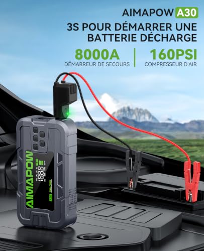 Car Battery Jump Starter with Air Compressor 8000A 160PSI, Jump Starter Portable (All Gas/12L Diesel), 12V Car Jump Starter with Inflator, Jump Box Quick Charge and 270°LED Light