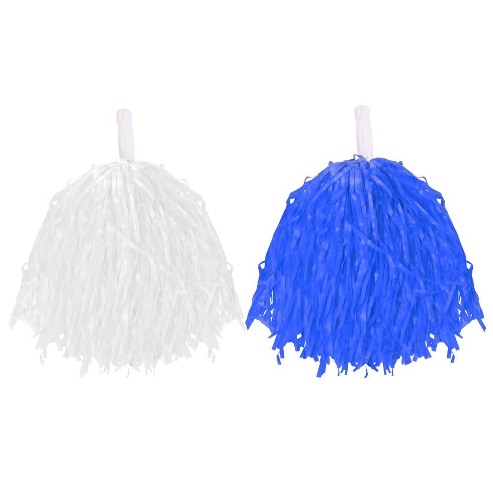 Cheerleader Pompoms Fancy Dress Costume Accessory Lightweight Pom Poms With Grip Handles for Kids & Adults. Colour: Blue & White