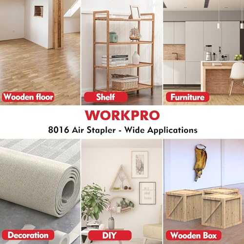 WORKPRO - Pneumatic stapler with 1500 staples, pneumatic nailing gun, used on staples type 80/6-16mm, ideal for DIY, decoration, wall, tapestry, wood