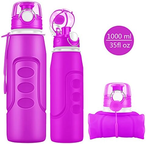 JUNYI Sport Water Bottle, Non-toxic Silicone Edible Material Drinking Water Bottle Collapsible water bottle Outdoor Sports Water Bottle 1000ML 34 Ounces(Purple)