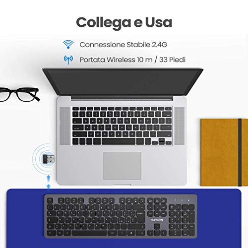VicTsing Tastiera Wireless, Tastiera Ultrasottile Ergonomica Silenziosa con 12 Scorciatoie Multimediali e Rivestimento Simile al Metallo, Compatibile con Windows 10/8/7/XP/Vista, Mac OS