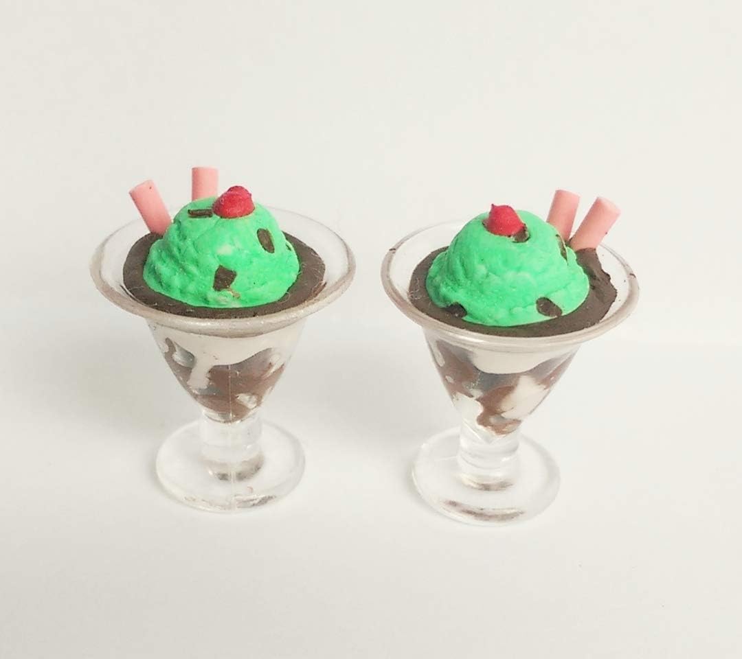 Mint Chocolate Chip Ice Cream Straw Glass Set of 2 Drink Food for Fashion Dolls Like Barbie, Bratz, Ever After High, Monster High, Winx Club, Blythe, Pullip, Miniature Fairy Garden