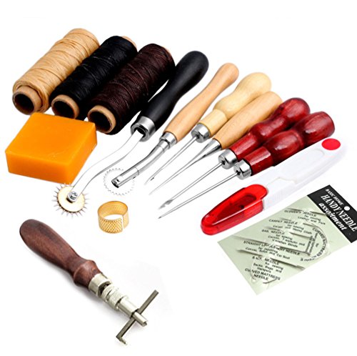 Hunulu 14Pcs Leather Craft Hand Stitching Sewing Tool Thread Awl Waxed Thimble Kit
