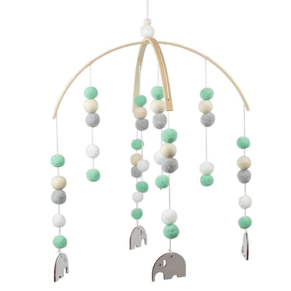 Children's Bed Felt Ball Mobile, Baby Bed Mobile Wind Chime Rattle Toy, Newborn Children's Room Hanging Bed Bell, Wooden Pom Pom Mobile Ornament for Cot, Baby Girls, Boys, Green Elephant Hanger