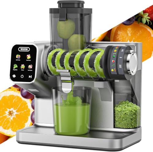 WETIE Exprimidor de prensa en frío, potentes máquinas exprimidoras con presión de jugo ajustable, 99% de alto rendimiento de jugo, exprimidor silencioso de masticaje lento con visualización táctil