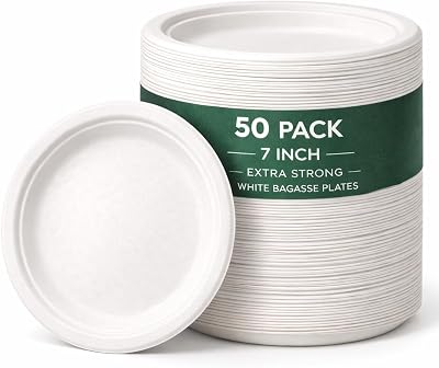1ABOVE 50 Pack White Disposable Plate 7 Inch Sugarcane Fiber Biodegradable