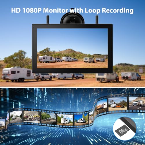 4 Magnetic Solar Wireless Reversing Camera Kit, 10.1" 1080P Touchscreen Monitor, 1 Min Installation, 9600mAh Rechargeable Battery, DVR Recording, IP69K Waterproof Camera for Trailer Van Motorhome