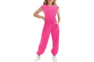 Haloumoning Girls Jumpsuits Kids Fashion Crewneck Elastic Waist Long Pants Rompers with Pockets 5-14 Years