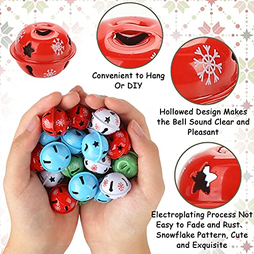 MCPINKY Christmas Jingle Bells, 40PCS Bulk Craft Bells with Star Cutouts Christmas Metal Sleigh Bells and a Roll of Ribbon for Christmas Tree Wreath Garland Ornaments Holiday Gift DIY Decor