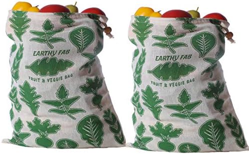 Earthy Fab Cotton Vegetable Storage Fridge Bags. Eco-Friendly, Non-Toxic, Washable, Reusable. Set of 2
