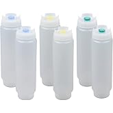 FIFO Squeeze Bottle Refillable 16 oz | 2 Green 2 Yellow 2 Blue Tip Small Valve Dispenser for Thin Condiments, Sauces, Batter and Dressing | Self Sealing No Drip No Hassle | Variety Pack ( 6 Pack )