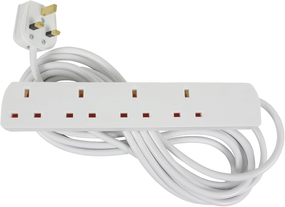 Mercury 4 Gang Extension Lead 5m White UK 13A Copper Wire 4 Socket Wall