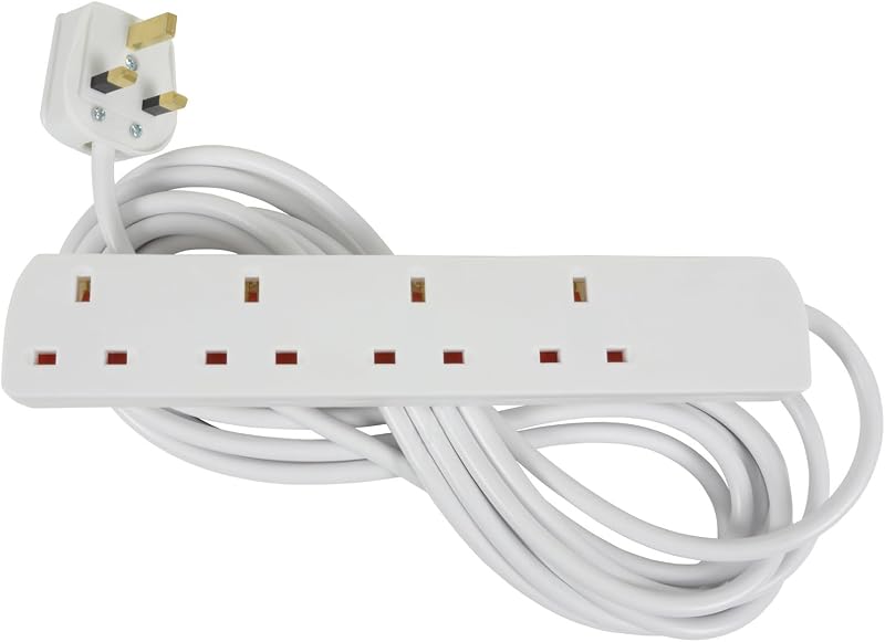 Mercury 4 Gang Extension Lead 5m White UK 13A Copper Wire 4 Socket Wall