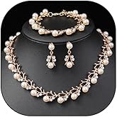 Rrdaily Rhinestone Pearl Wedding Jewelry Set for Bride Bridesmaid Bohemia Adjustable Beaded Crystal Bracelet Necklace Exaggerated Pearl Earring Set for Women