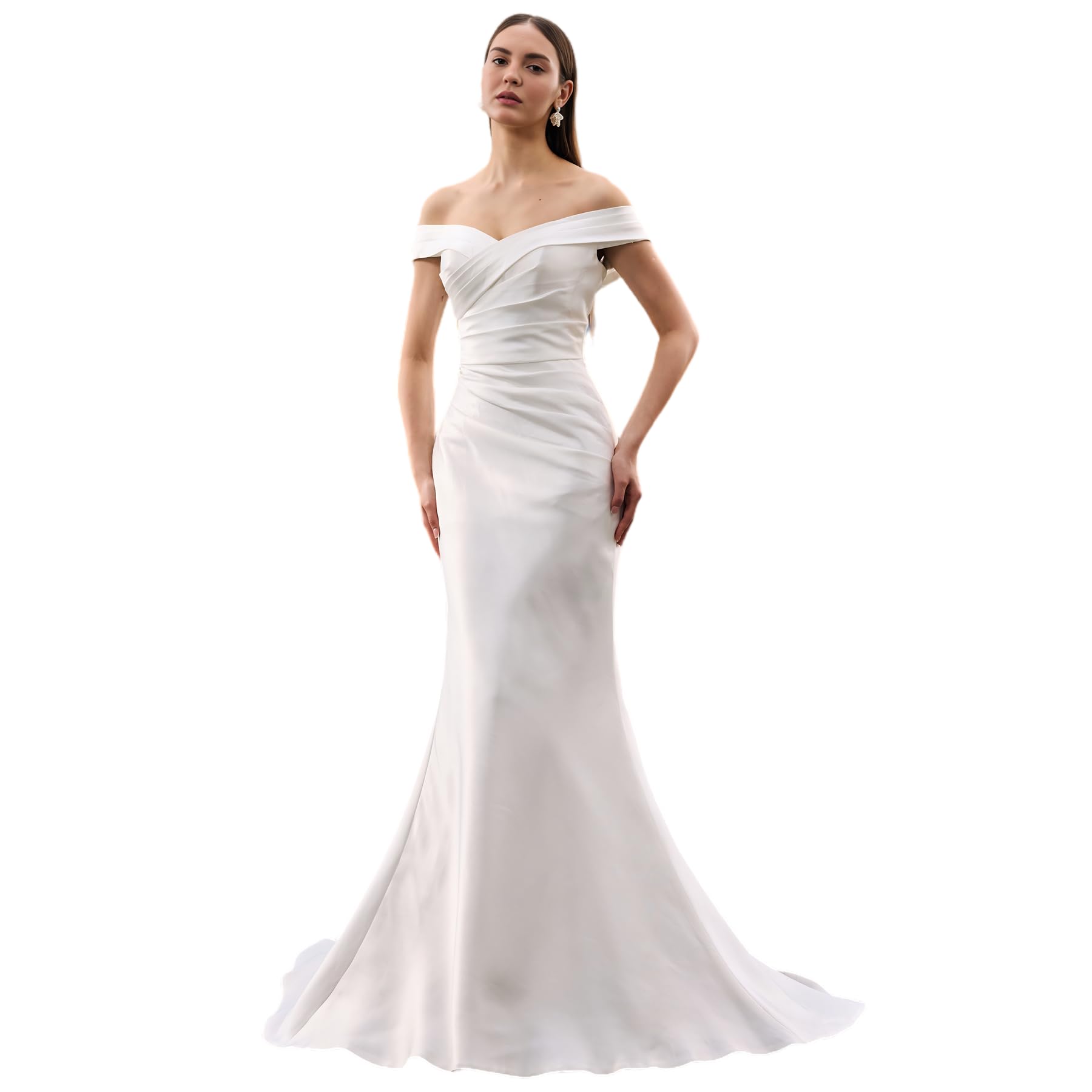 Photo 1 of ZHEXUDAI Sleeveless Long Merdmaid Satin Dress for Bride Pleated Bust Off Shoulder Bridal Gown Engagement & Wedding Guest Maxi Dress S White