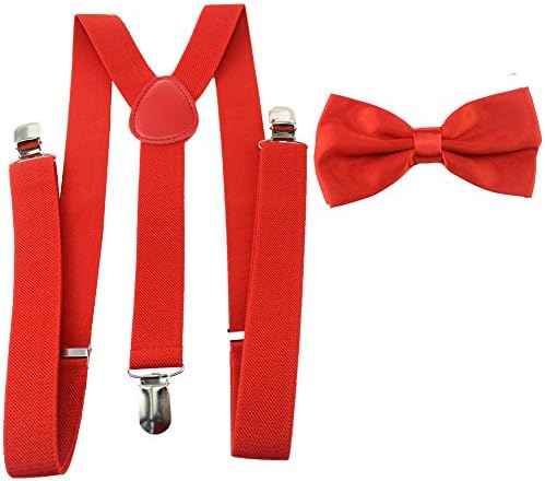 Mens Suspender Bow Tie Set, Elala Clip On Y Shape Adjustable Braces Suspenders Bowtie Set for Men Red