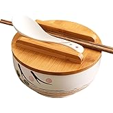 WHJY White Ceramic Bowl with Lid, Spoon, Chopsticks for Soup, Rice, Noodles. Japanese Traditional Style Tableware.