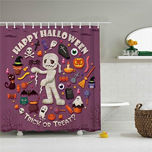 Purple Trick Or Treat Shower Cutains-Water, Soap, and Mildew resistant Machine Washable 12 Shower Hooks are Included 66" x 72"