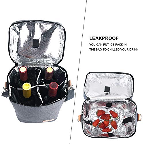 Insulated Wine Carrier Tote - Samshow 4 Bottle Wine Carrier with Shoulder Strap, Padded Protection, and Corkscrew for Travel, Camping and Picnic, Perfect Wine Lover (Grey) - Thumbnail 4
