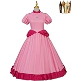 RocailleCos Adult Pink Princess Cosplay Costume Pink Dress with Crown Halloween Party Outfits for Women